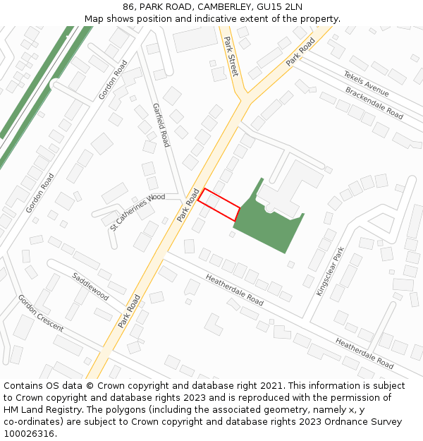 86, PARK ROAD, CAMBERLEY, GU15 2LN: Location map and indicative extent of plot