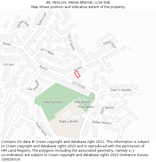 86, PENLON, MENAI BRIDGE, LL59 5NE: Location map and indicative extent of plot