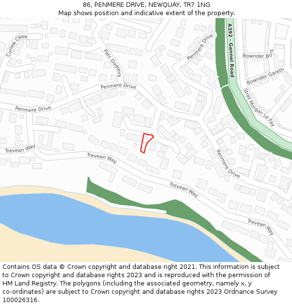 86, PENMERE DRIVE, NEWQUAY, TR7 1NG: Location map and indicative extent of plot