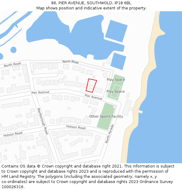 86, PIER AVENUE, SOUTHWOLD, IP18 6BL: Location map and indicative extent of plot