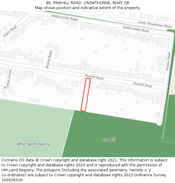 86, PINEHILL ROAD, CROWTHORNE, RG45 7JR: Location map and indicative extent of plot