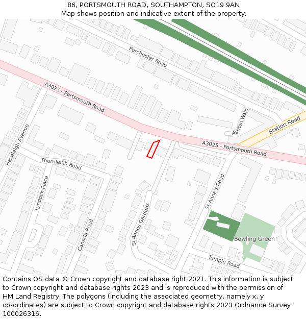 86, PORTSMOUTH ROAD, SOUTHAMPTON, SO19 9AN: Location map and indicative extent of plot