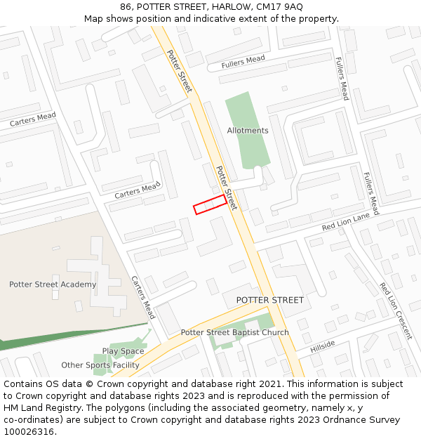 86, POTTER STREET, HARLOW, CM17 9AQ: Location map and indicative extent of plot