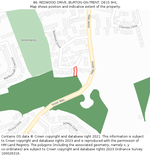 86, REDWOOD DRIVE, BURTON-ON-TRENT, DE15 9HL: Location map and indicative extent of plot