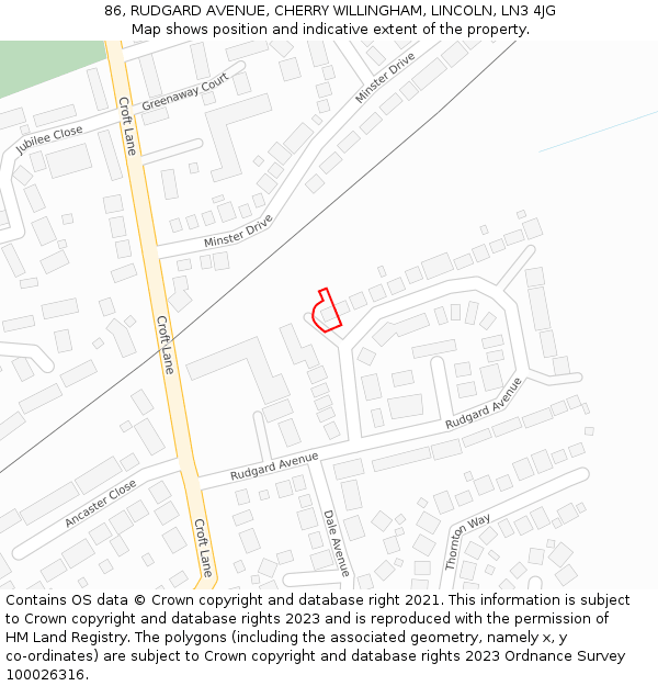 86, RUDGARD AVENUE, CHERRY WILLINGHAM, LINCOLN, LN3 4JG: Location map and indicative extent of plot