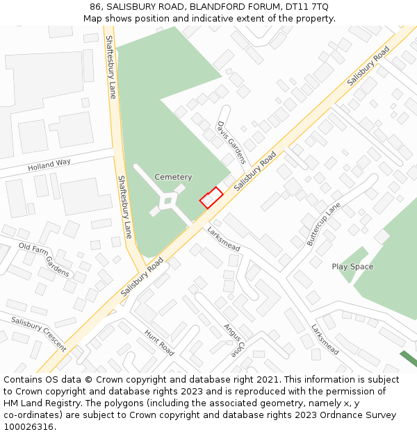 86, SALISBURY ROAD, BLANDFORD FORUM, DT11 7TQ: Location map and indicative extent of plot