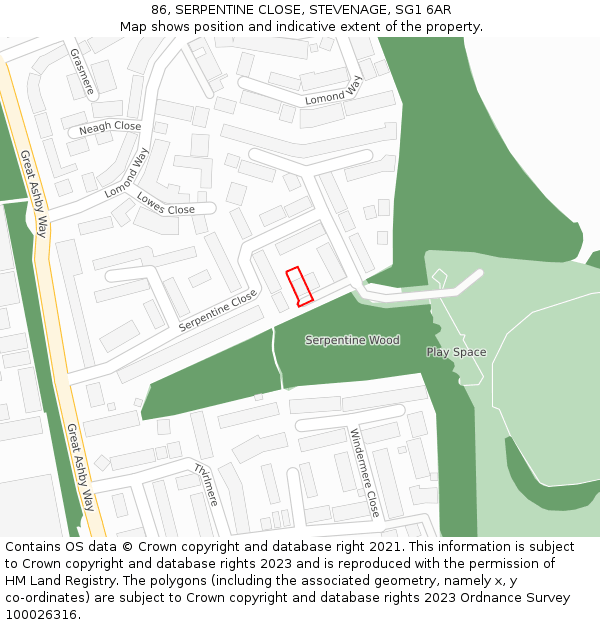 86, SERPENTINE CLOSE, STEVENAGE, SG1 6AR: Location map and indicative extent of plot