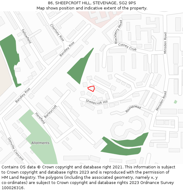 86, SHEEPCROFT HILL, STEVENAGE, SG2 9PS: Location map and indicative extent of plot