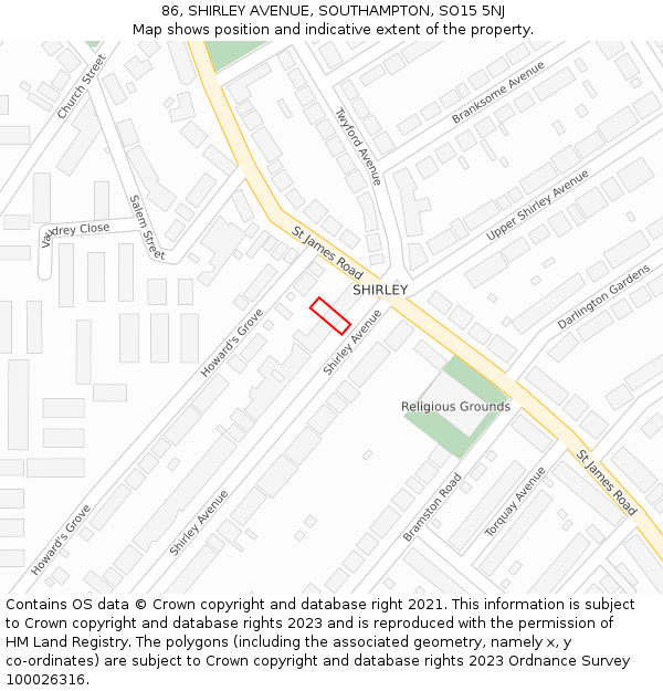 86, SHIRLEY AVENUE, SOUTHAMPTON, SO15 5NJ: Location map and indicative extent of plot