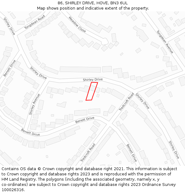 86, SHIRLEY DRIVE, HOVE, BN3 6UL: Location map and indicative extent of plot