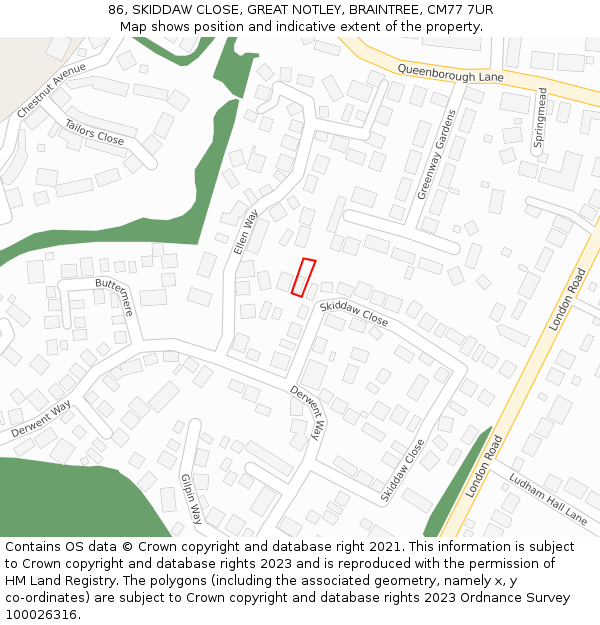 86, SKIDDAW CLOSE, GREAT NOTLEY, BRAINTREE, CM77 7UR: Location map and indicative extent of plot