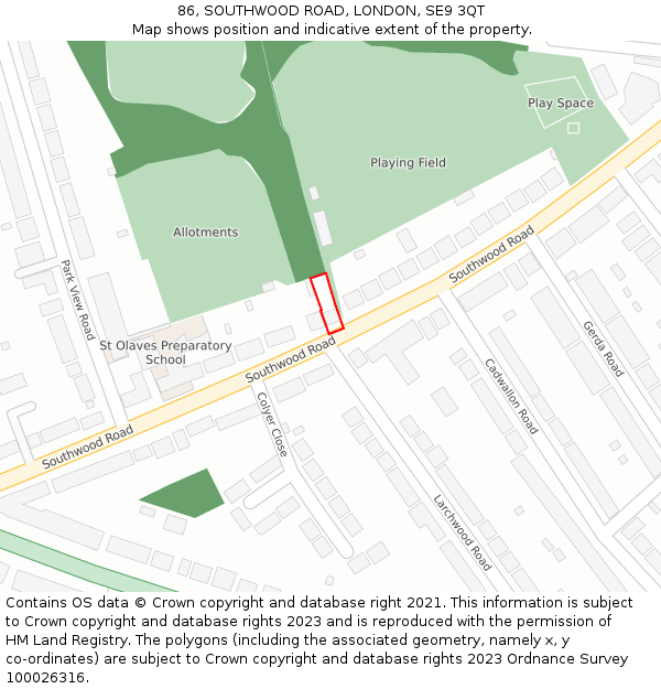 86, SOUTHWOOD ROAD, LONDON, SE9 3QT: Location map and indicative extent of plot