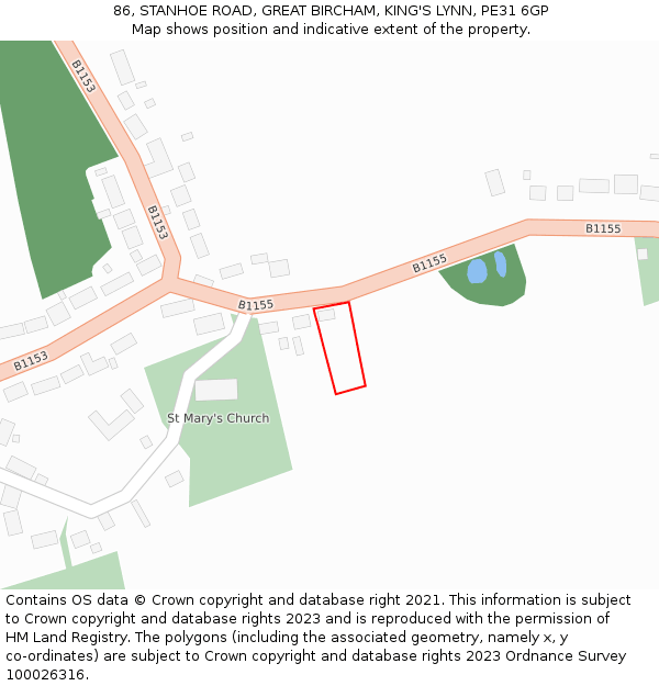 86, STANHOE ROAD, GREAT BIRCHAM, KING'S LYNN, PE31 6GP: Location map and indicative extent of plot