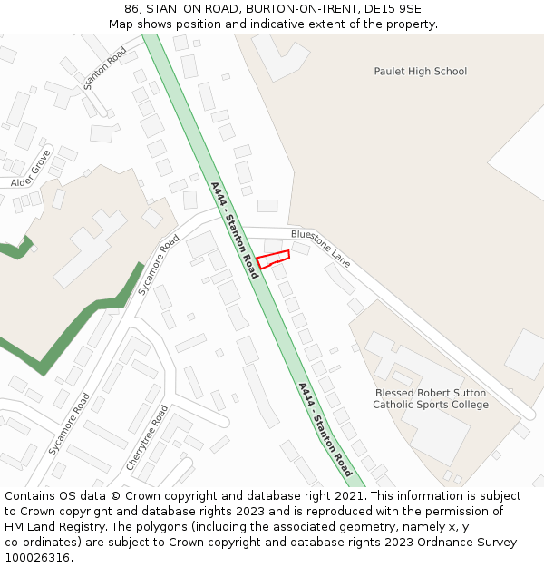 86, STANTON ROAD, BURTON-ON-TRENT, DE15 9SE: Location map and indicative extent of plot