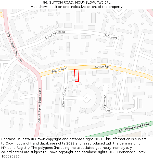 86, SUTTON ROAD, HOUNSLOW, TW5 0PL: Location map and indicative extent of plot