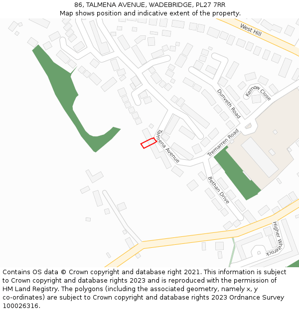 86, TALMENA AVENUE, WADEBRIDGE, PL27 7RR: Location map and indicative extent of plot