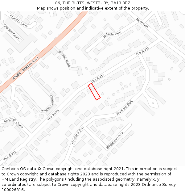 86, THE BUTTS, WESTBURY, BA13 3EZ: Location map and indicative extent of plot