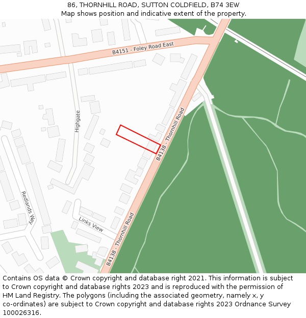 86, THORNHILL ROAD, SUTTON COLDFIELD, B74 3EW: Location map and indicative extent of plot