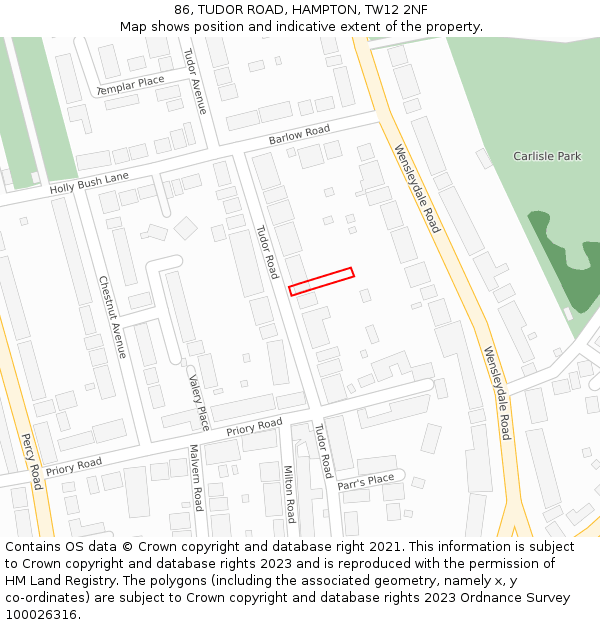 86, TUDOR ROAD, HAMPTON, TW12 2NF: Location map and indicative extent of plot