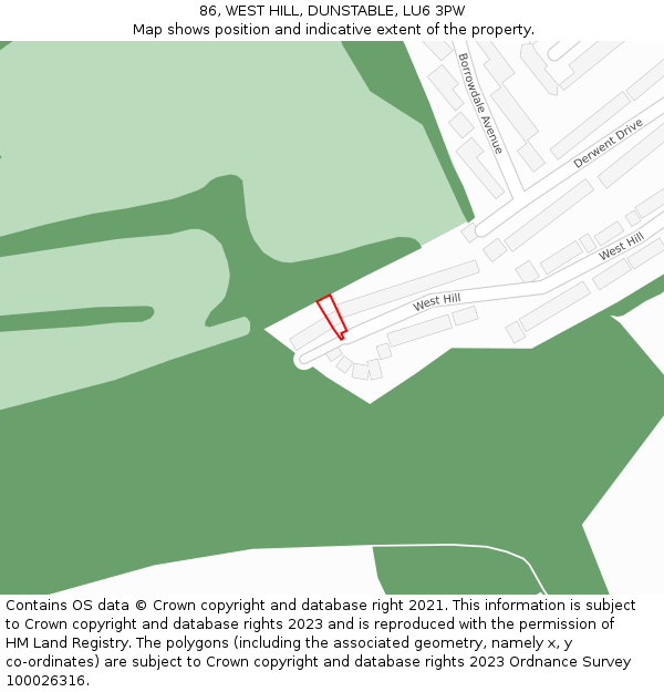 86, WEST HILL, DUNSTABLE, LU6 3PW: Location map and indicative extent of plot