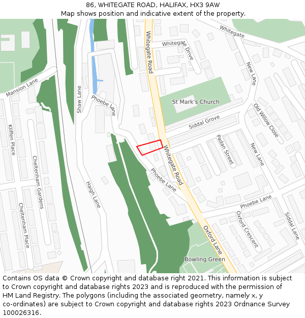 86, WHITEGATE ROAD, HALIFAX, HX3 9AW: Location map and indicative extent of plot