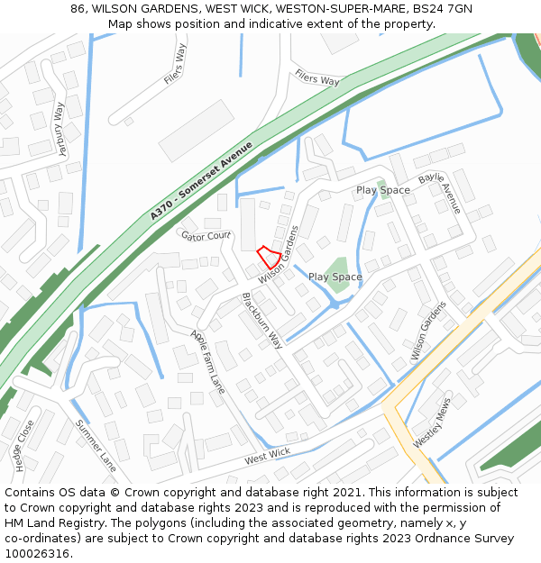 86, WILSON GARDENS, WEST WICK, WESTON-SUPER-MARE, BS24 7GN: Location map and indicative extent of plot