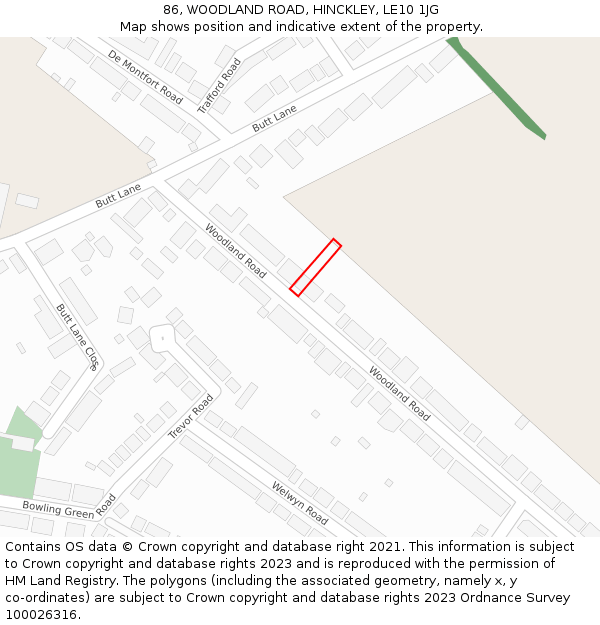 86, WOODLAND ROAD, HINCKLEY, LE10 1JG: Location map and indicative extent of plot