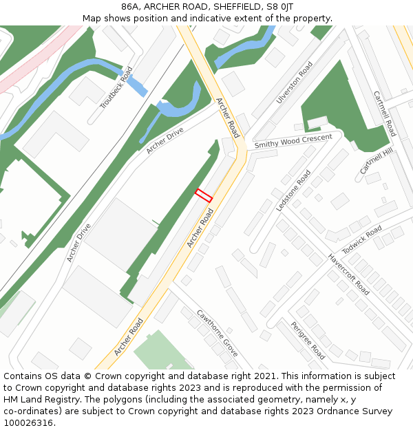 86A, ARCHER ROAD, SHEFFIELD, S8 0JT: Location map and indicative extent of plot