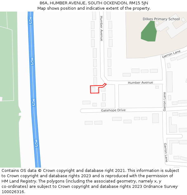 86A, HUMBER AVENUE, SOUTH OCKENDON, RM15 5JN: Location map and indicative extent of plot