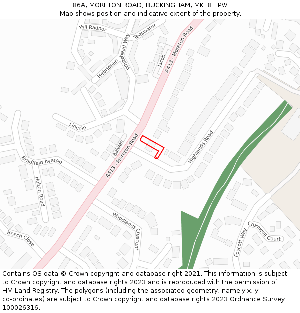 86A, MORETON ROAD, BUCKINGHAM, MK18 1PW: Location map and indicative extent of plot