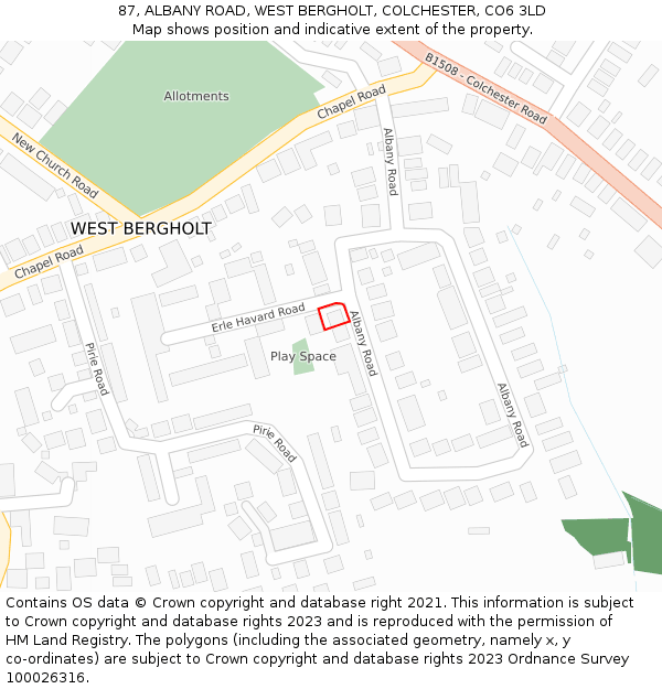 87, ALBANY ROAD, WEST BERGHOLT, COLCHESTER, CO6 3LD: Location map and indicative extent of plot