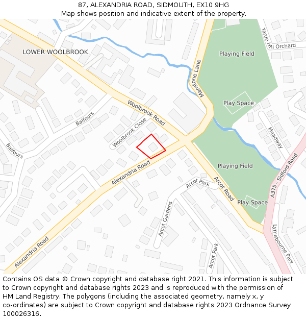 87, ALEXANDRIA ROAD, SIDMOUTH, EX10 9HG: Location map and indicative extent of plot