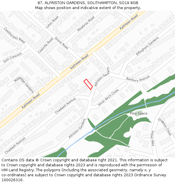 87, ALFRISTON GARDENS, SOUTHAMPTON, SO19 8GB: Location map and indicative extent of plot