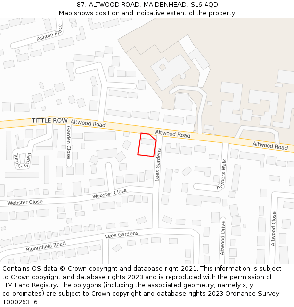 87, ALTWOOD ROAD, MAIDENHEAD, SL6 4QD: Location map and indicative extent of plot