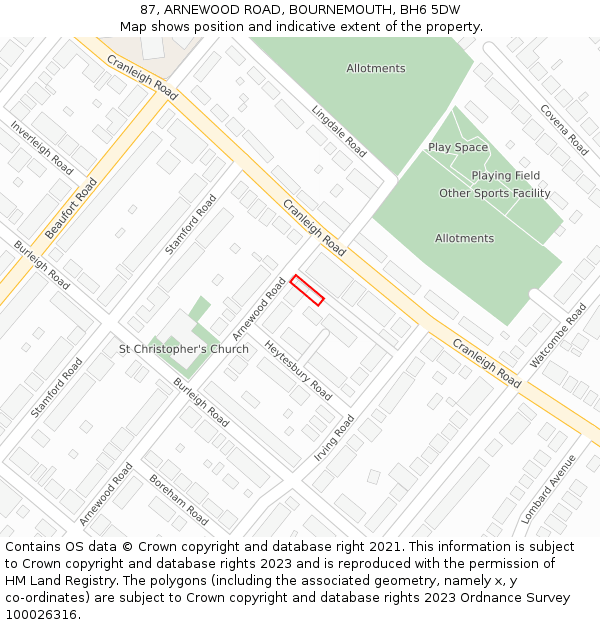 87, ARNEWOOD ROAD, BOURNEMOUTH, BH6 5DW: Location map and indicative extent of plot