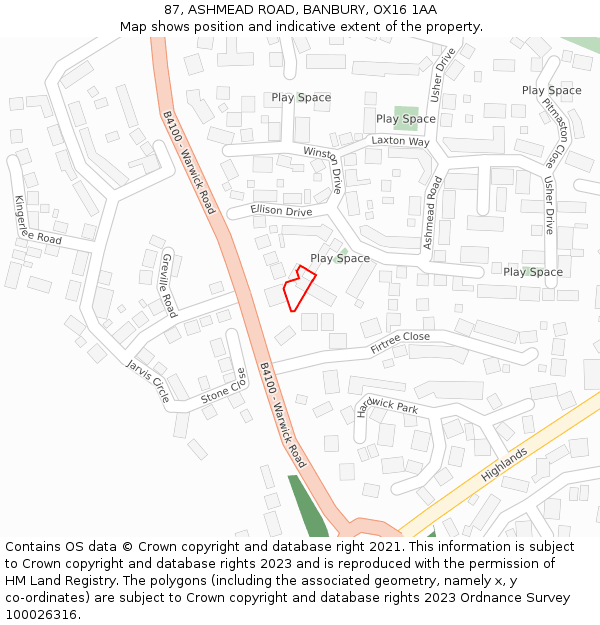 87, ASHMEAD ROAD, BANBURY, OX16 1AA: Location map and indicative extent of plot