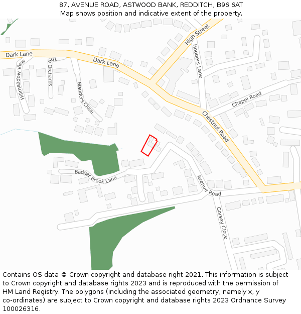87, AVENUE ROAD, ASTWOOD BANK, REDDITCH, B96 6AT: Location map and indicative extent of plot