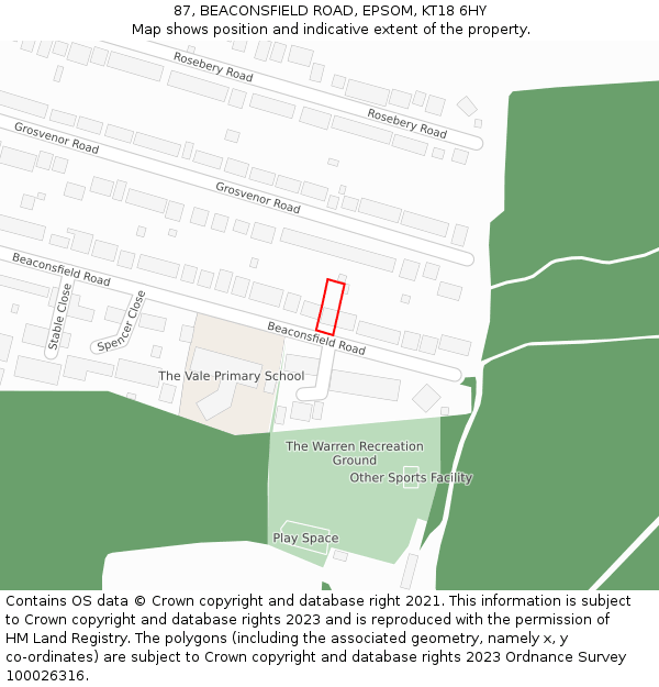 87, BEACONSFIELD ROAD, EPSOM, KT18 6HY: Location map and indicative extent of plot