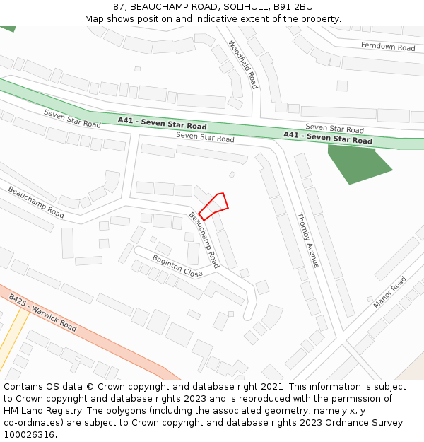 87, BEAUCHAMP ROAD, SOLIHULL, B91 2BU: Location map and indicative extent of plot