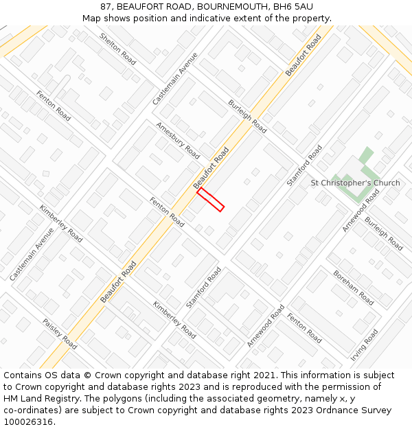 87, BEAUFORT ROAD, BOURNEMOUTH, BH6 5AU: Location map and indicative extent of plot