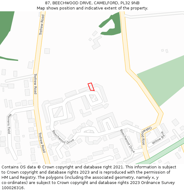 87, BEECHWOOD DRIVE, CAMELFORD, PL32 9NB: Location map and indicative extent of plot