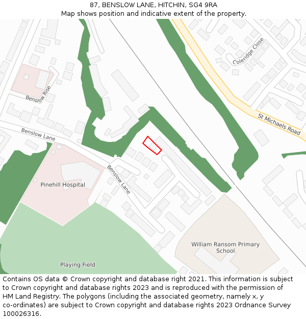 87, BENSLOW LANE, HITCHIN, SG4 9RA: Location map and indicative extent of plot