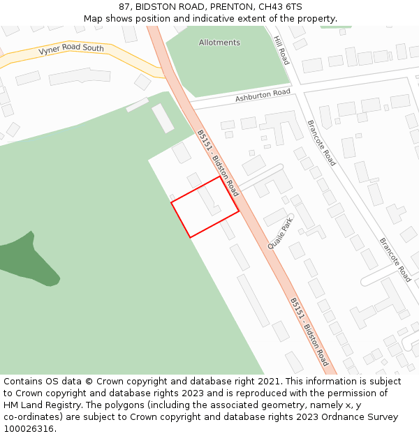 87, BIDSTON ROAD, PRENTON, CH43 6TS: Location map and indicative extent of plot