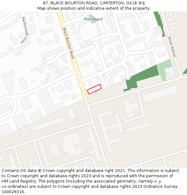 87, BLACK BOURTON ROAD, CARTERTON, OX18 3HJ: Location map and indicative extent of plot