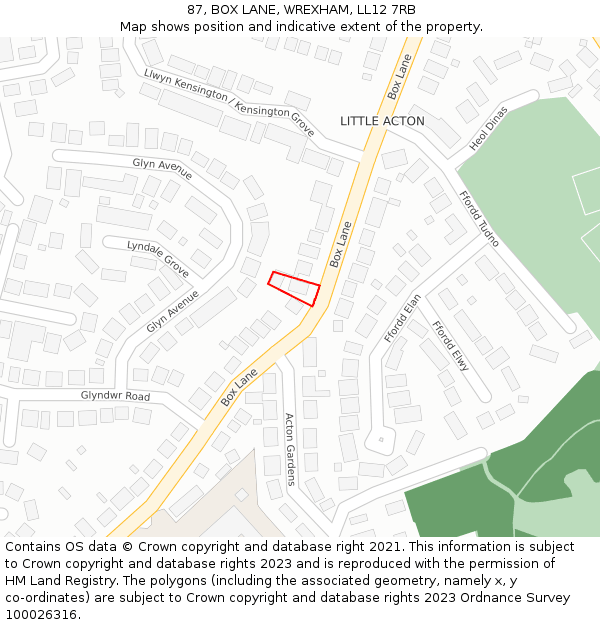 87, BOX LANE, WREXHAM, LL12 7RB: Location map and indicative extent of plot