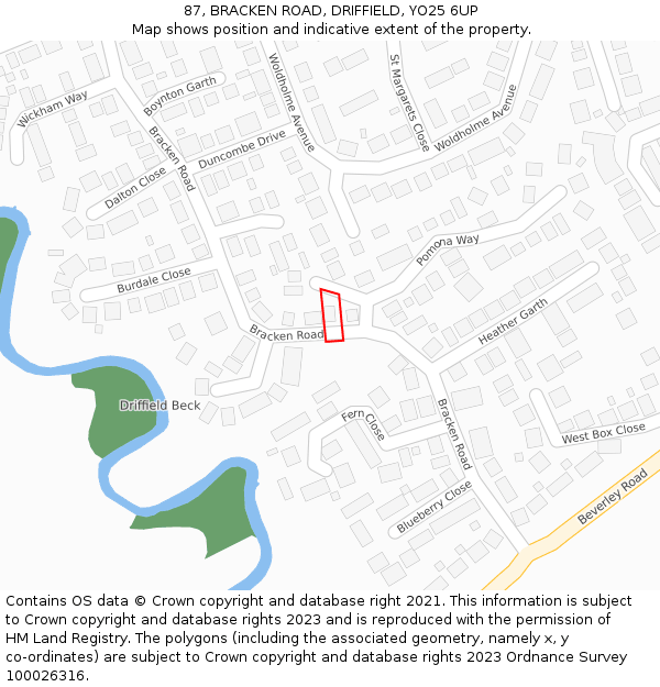 87, BRACKEN ROAD, DRIFFIELD, YO25 6UP: Location map and indicative extent of plot