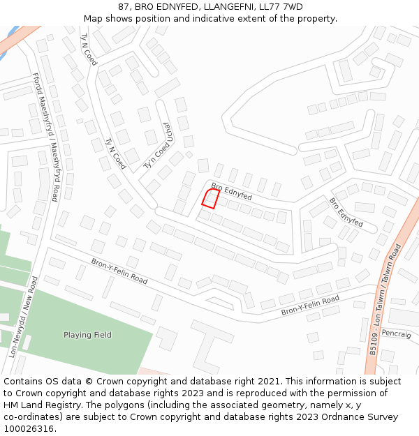 87, BRO EDNYFED, LLANGEFNI, LL77 7WD: Location map and indicative extent of plot