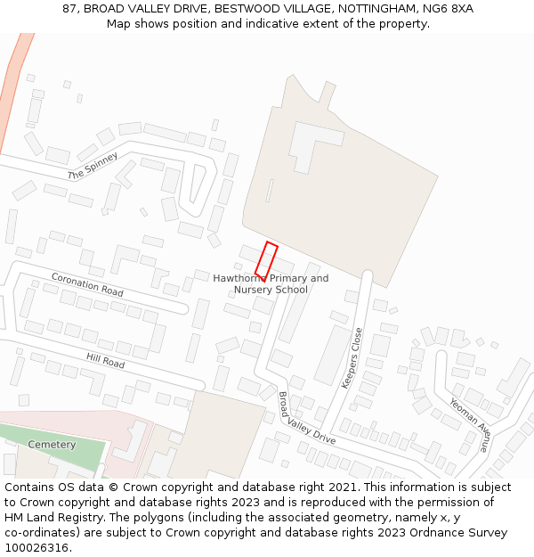 87, BROAD VALLEY DRIVE, BESTWOOD VILLAGE, NOTTINGHAM, NG6 8XA: Location map and indicative extent of plot