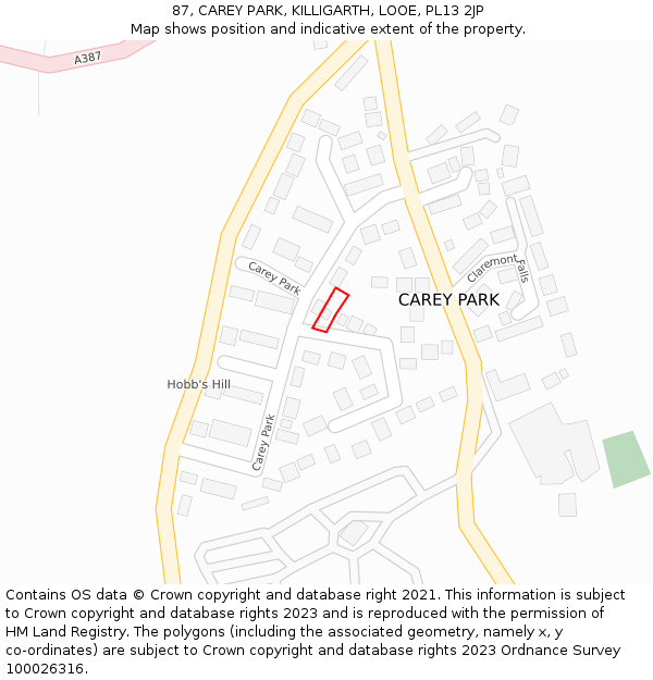 87, CAREY PARK, KILLIGARTH, LOOE, PL13 2JP: Location map and indicative extent of plot