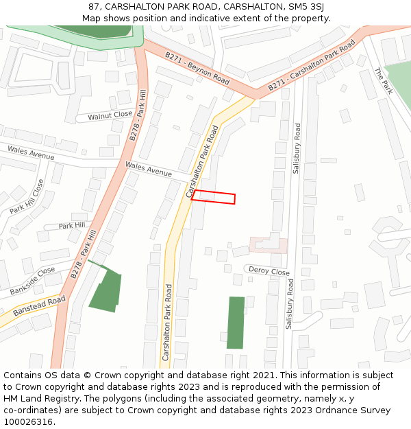 87, CARSHALTON PARK ROAD, CARSHALTON, SM5 3SJ: Location map and indicative extent of plot